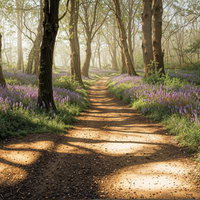 紫の花が咲く森の小道の写真