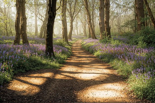 紫の花が咲く森の小道
