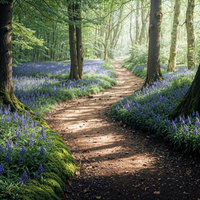 紫の花が咲き誇る森の中の一本道の写真