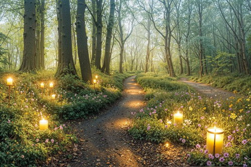 林間の散策路と紫色の花、ランタンの灯り
