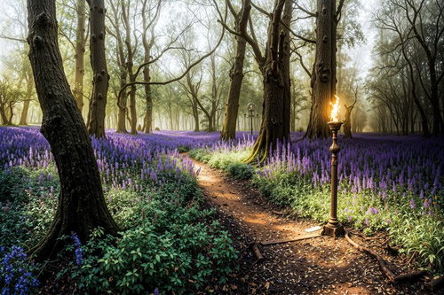 春の花畑を抜ける林間の散策路とランプ