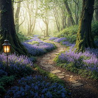 紫の花畑に続く石畳の散歩道の写真