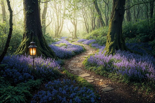 紫の花畑に続く石畳の散歩道