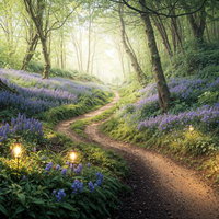 森の中の小径をランタンで灯したファンタジー調の光の道の写真