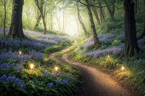 森の中の小径をランタンで灯したファンタジー調の光の道