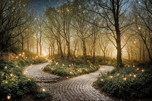 石畳の遊歩道を照らすランタンの夜景