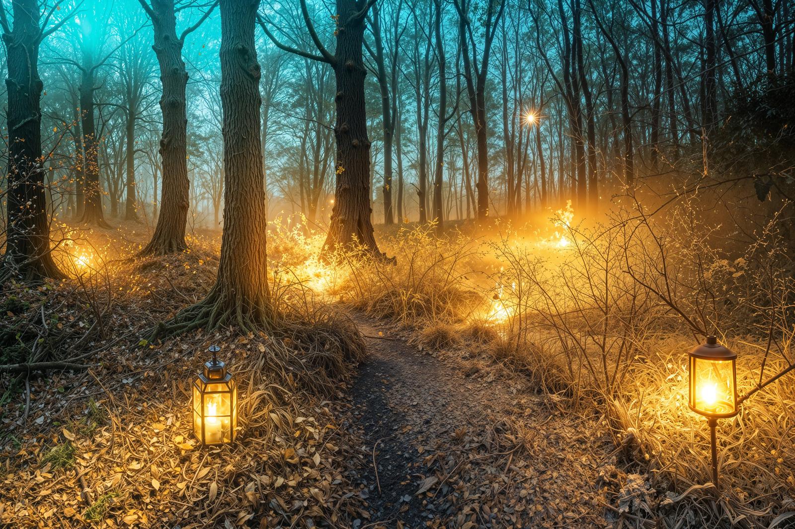 霧に包まれた冬の森の小径にランタンが灯り薄い光が差し込む風景