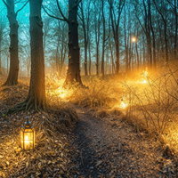冬の森に灯るランタンの光と霧に包まれた小径の写真