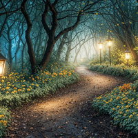 街灯が灯る霧の森の小道の写真