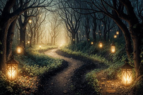 ランタンが灯る霧の森の小道