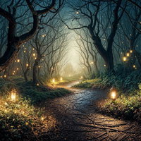 ランタンの明かりが照らす夜の森の小道の写真