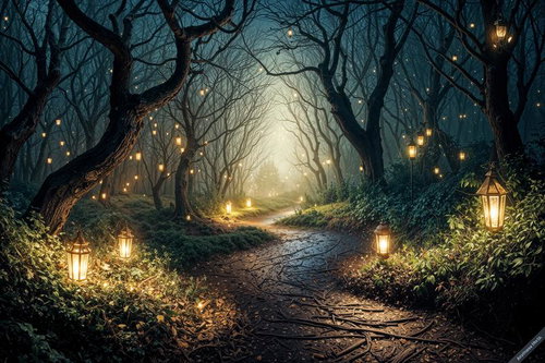 ランタンの明かりが照らす夜の森の小道