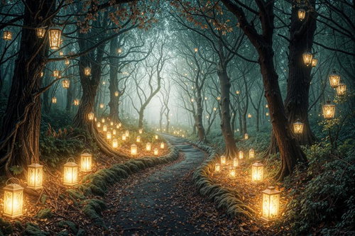 ランタンが灯す幻想の森の小道～神秘的な光と霧に包まれた世界～