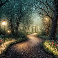 魔法のランプが灯る夜の森散歩の写真