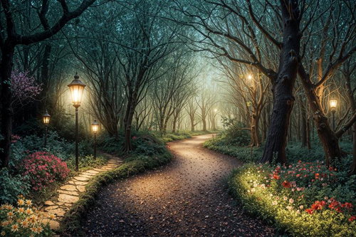 魔法のランプが灯る夜の森散歩