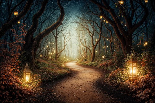 ランタンが並ぶ夜の森の小道（ファンタジー）