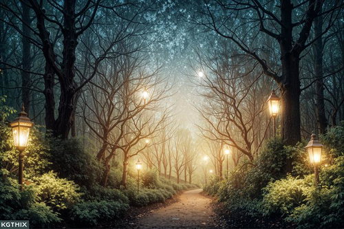 優しい光が誘う夜の森の小道、ランタンが照らす幻想的な道