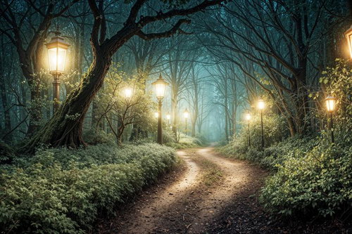 霧の中の夜の森の小道とランプ