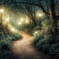 夜の森を照らす光のトンネルの写真