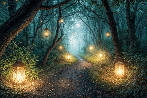 ランタンが灯す幻想の夜道と森の静寂