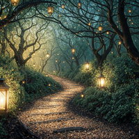 ランタンが灯す森の夜道、幻想的な光と自然に包まれた小径の写真
