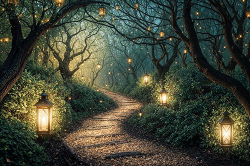 ランタンが灯す森の夜道、幻想的な光と自然に包まれた小径