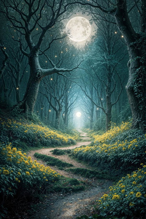 満月と螢火が照らす黄花咲く夜の林道