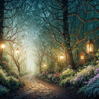 ランタンが照らす夜の森の石畳道の写真