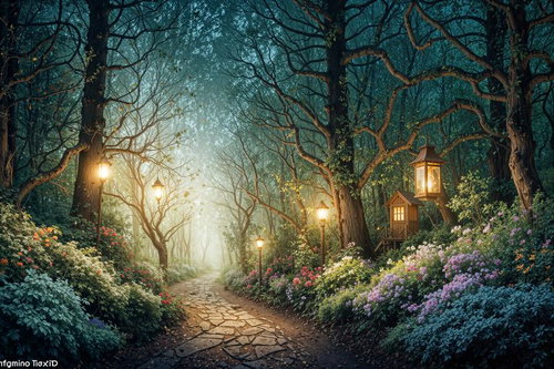 ランタンが照らす夜の森の石畳道