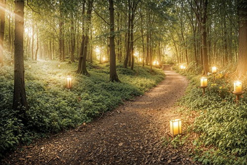 木漏れ日とランタンが導く癒しの散歩道