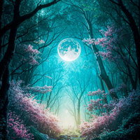 満月に照らされた幻想的な森の小径の写真