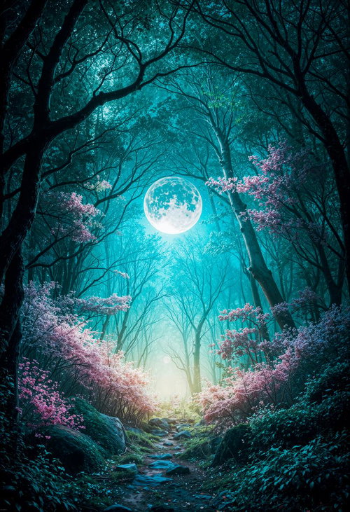 満月に照らされた幻想的な森の小径