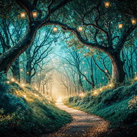 森のトンネルを照らすランタンと石畳の小径の写真