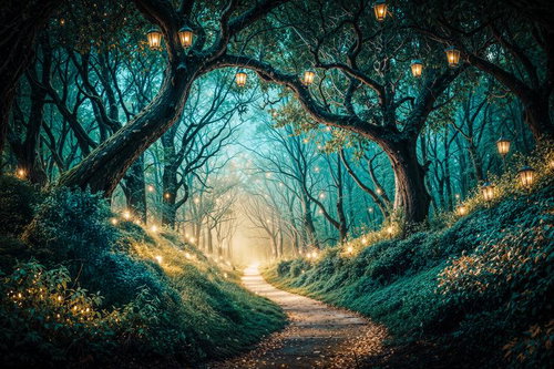 森のトンネルを照らすランタンと石畳の小径