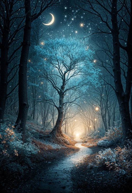 三日月と星空が輝く夜の森の小径