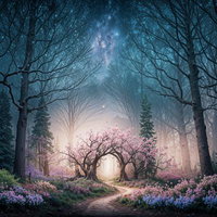 霧に包まれた森の夜と星空の写真