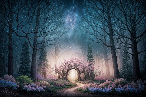 星空と天の川が輝く森の小径で咲く満開の夜桜