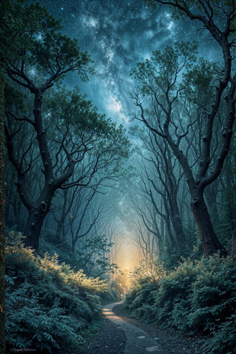 A magical scene of fireflies glowing along a stone path in the forest