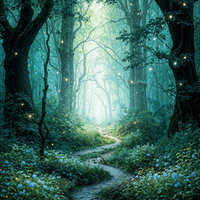 ホタルが舞う森の石畳小道の写真