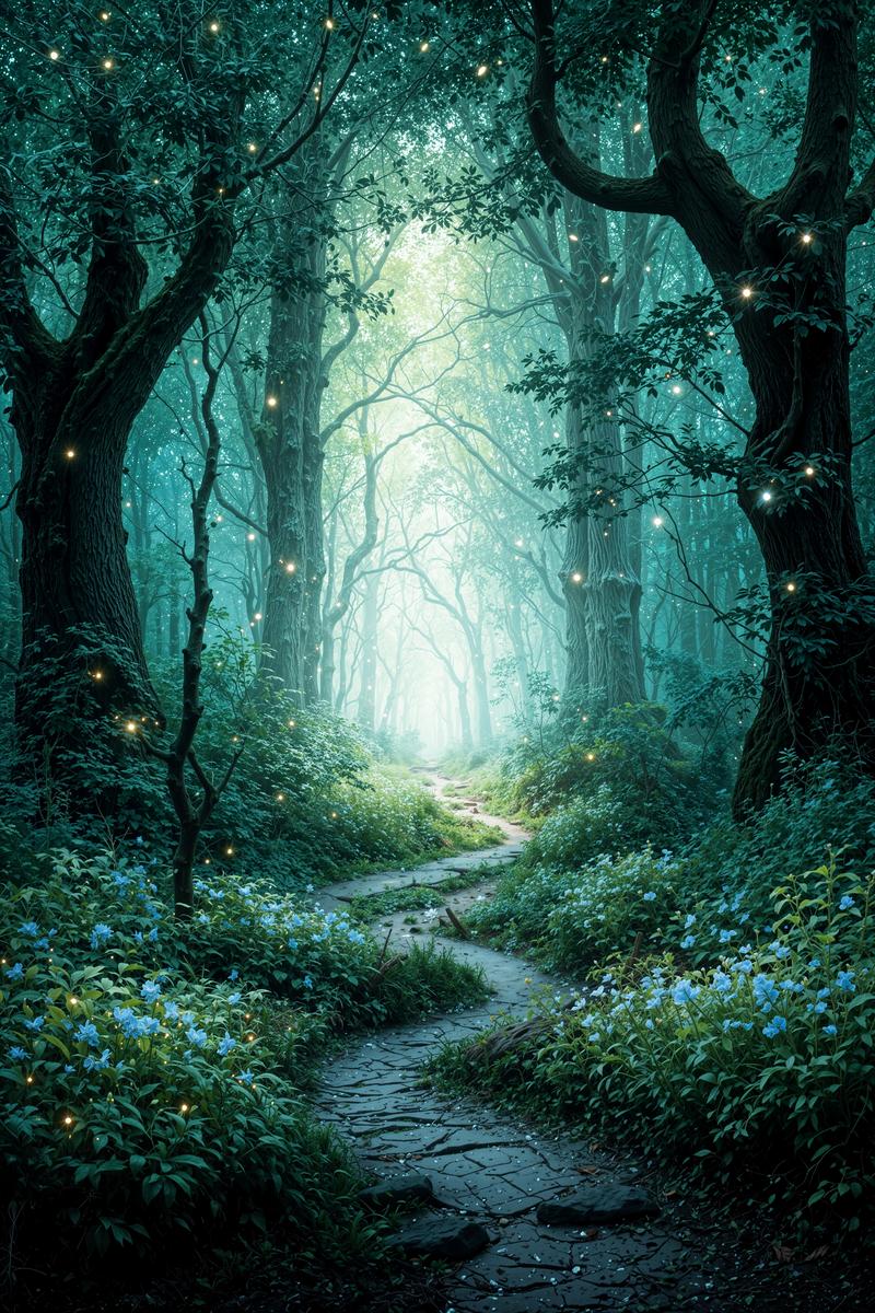 光る粒子が舞う夜の並木道で星空が見える幻想的な小径