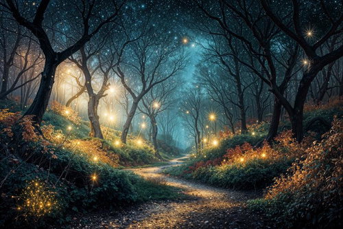 夜の森に光る星と小径が続くファンタジー風景