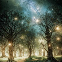 古木が作る緑のトンネル小道の写真