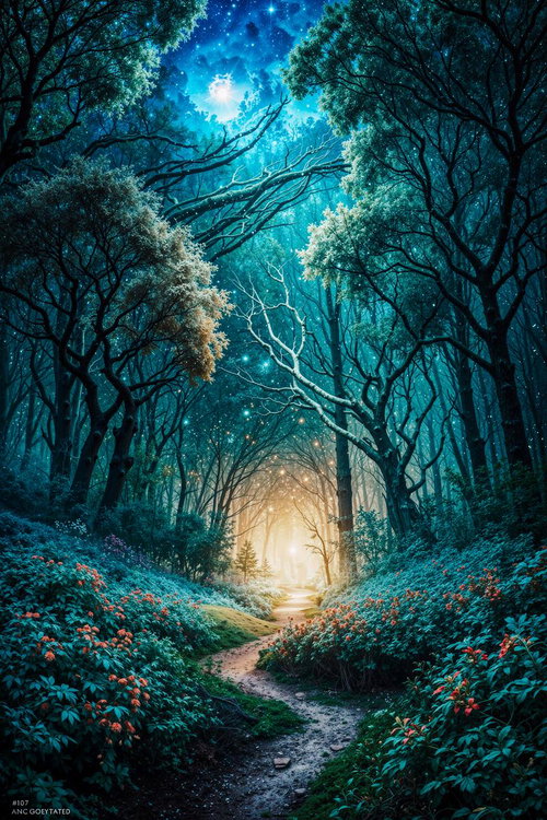 星空と光の小道が続く夜の森トンネル