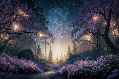 幻想的な森に灯る夜のきらめき