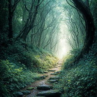 森の小径と三日月の夜景の写真