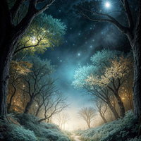 夜空の星座軌跡と森の小道を照らす光の写真