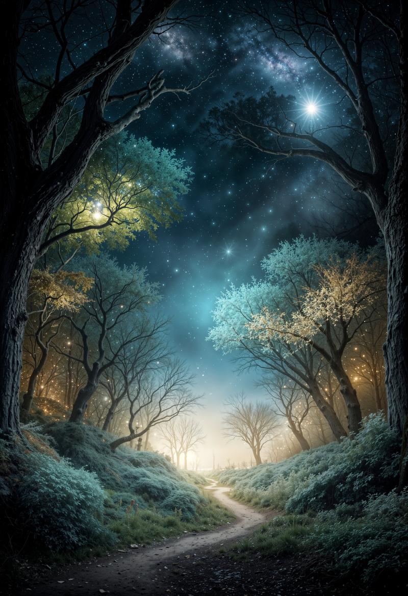 星座が渦巻く夜空の下、森の中を通る小道に光が射している