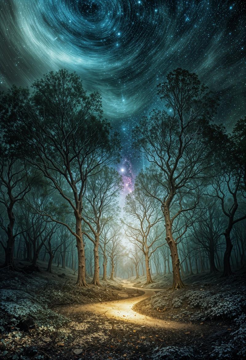 A night scene of multiple lanterns lighting a misty forest path
