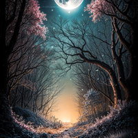 満月と夜桜に照らされる山道の写真