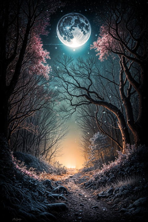 満月と夜桜に照らされる山道